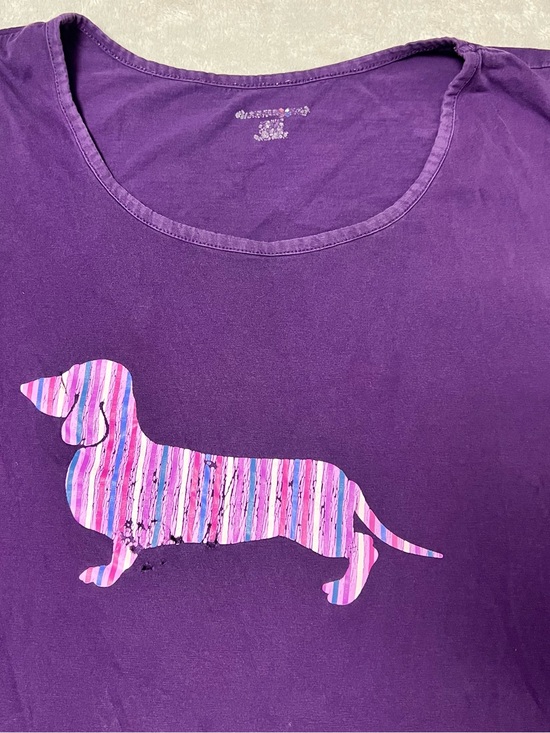 Tops - Purple Dachshund Graphic Dog Tee - Purple with Pink Stripe Print